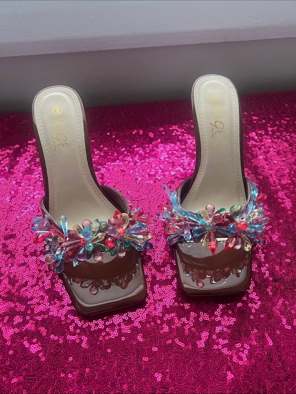 Rouge! Brown Slide Mules with Multicolor Crystal Embellishments